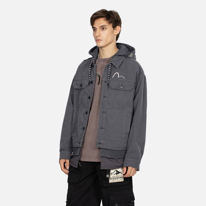 Purchase EVISU 秋冬23 深灰海鸥刺绣叠穿连帽夹克衫. 2EAGNM3JK5113LFCT