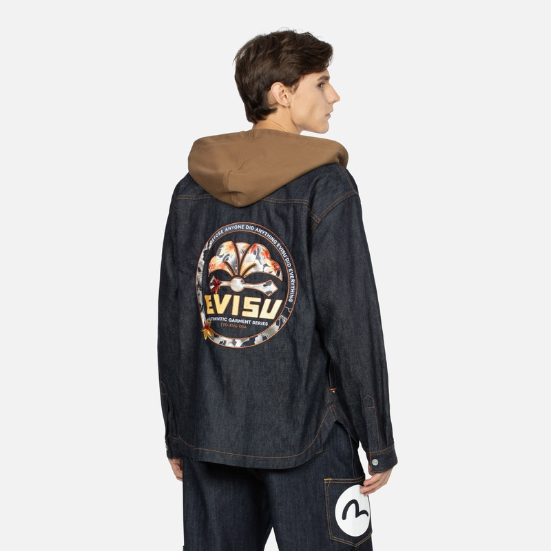 Shop EVISU 秋冬款牛仔藍連帽衫搭配花卉刺繡設計LOGO 2EAHTM3SJ7020RXCL