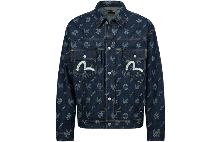 EVISU AW23  Denim Jacket Blue - Eagle & Kamon Dyed Printed Design 2EAHTM3DJ1902LFCT