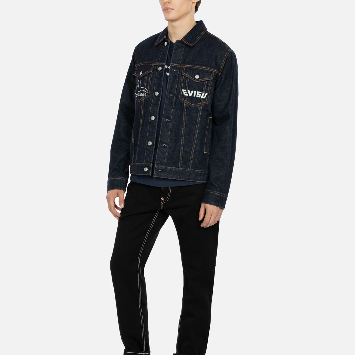 Shop EVISU Chaqueta Vaquera Azul Clásica AW23 Logo Grande M Patrón Denim 2EAHTM3DJ1014XXCT