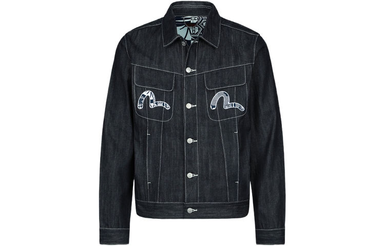EVISU AW23  Denim Jacket with Seagull, Buddha Head, & Floral Pattern Blue 2EAHTM3DJ1901RXCS
