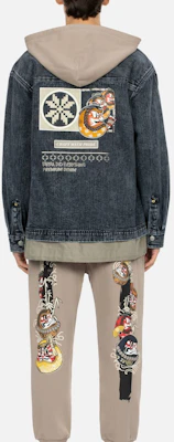 EVISU AW23 Jaket Denim Hitam Oversized dengan Hoodie Lepas Pasang 2EAHTM3SJ1025LFDN Cheap EVISU AW23 Jaket Denim Hitam Oversized dengan Hoodie Lepas Pasang 2EAHTM3SJ1025LFDN