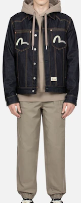 EVISU AW23 Double Floral Embroidery Denim Jacket in Blue. 2EAHTM3DJ1005XXCT Details for EVISU AW23 Double Floral Embroidery Denim Jacket in Blue. 2EAHTM3DJ1005XXCT