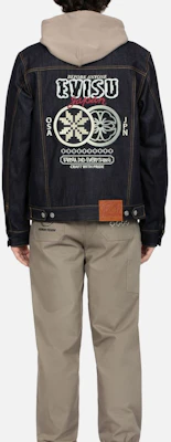 EVISU AW23 Double Floral Embroidery Denim Jacket in Blue. 2EAHTM3DJ1005XXCT Sizing EVISU AW23 Double Floral Embroidery Denim Jacket in Blue. 2EAHTM3DJ1005XXCT