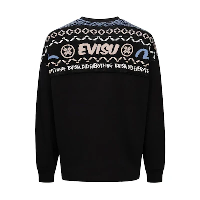 EVISU AW23 Fair Isle Knit Patchwork Oversized Sweatshirt Black 2EAHTM3SW1083FLCT