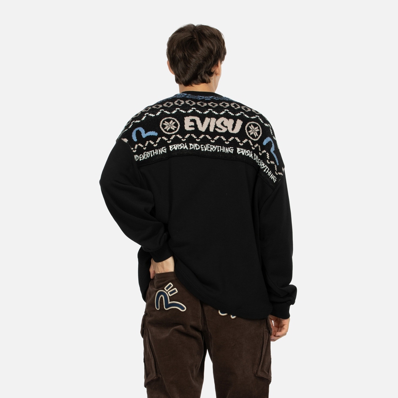 Shop EVISU 秋冬23 黑色费尔岛拼接图案宽松针织卫衣 2EAHTM3SW1083FLCT