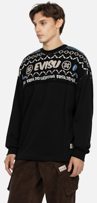 EVISU 秋冬23 黑色费尔岛拼接图案宽松针织卫衣 2EAHTM3SW1083FLCT Purchase EVISU 秋冬23 黑色费尔岛拼接图案宽松针织卫衣 2EAHTM3SW1083FLCT