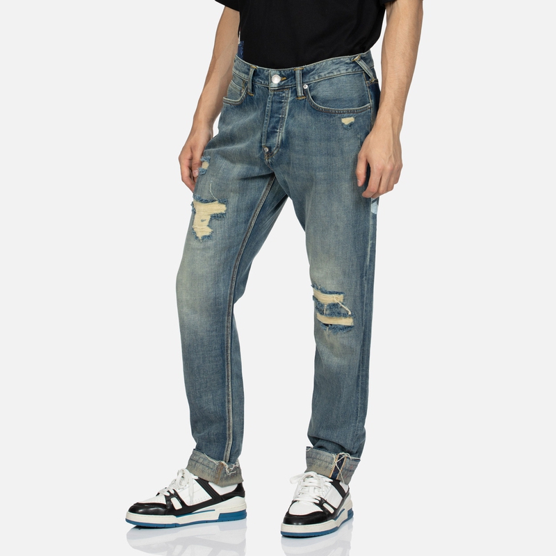 Shop EVISU AW23 花卉口袋生邊藍色牛仔褲 2EAHTM3JE802417CS