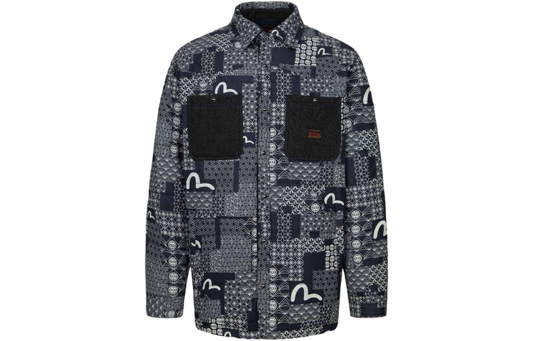 EVISU AW23  Navy Quilted Shirt Jacket with Seagull and Floral Print. 2EAHTM3SJ7021LFCQ