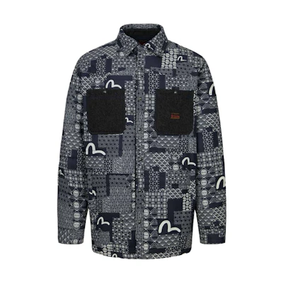 EVISU AW23 Navy Quilted Shirt Jacket with Seagull and Floral Print. 2EAHTM3SJ7021LFCQ