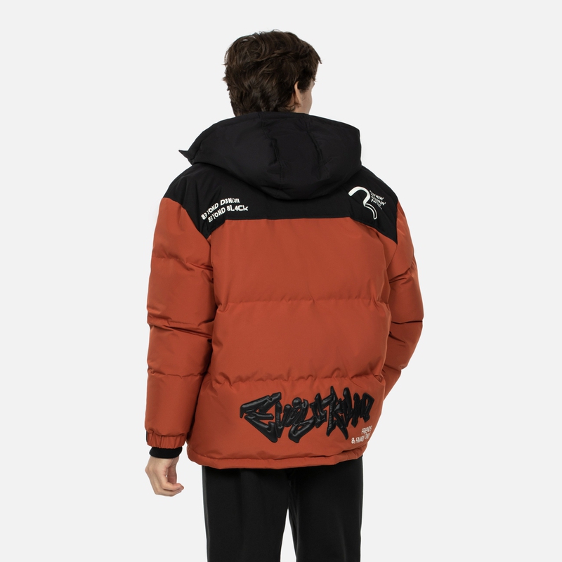 Shop EVISU AW23 寬鬆撞色連帽羽絨外套 - 橘色 2EAGNM3NJ5200OSPL