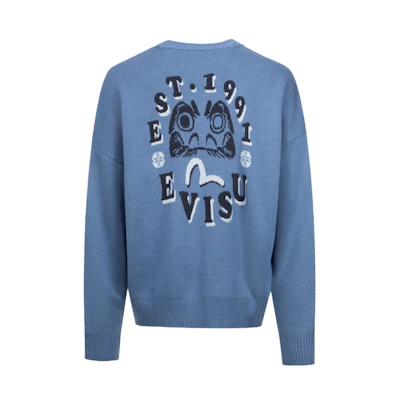 EVISU AW23 Oversized Knit Sweater with Seagull & Daruma Design. 2EAHTM3SR1074RXAW