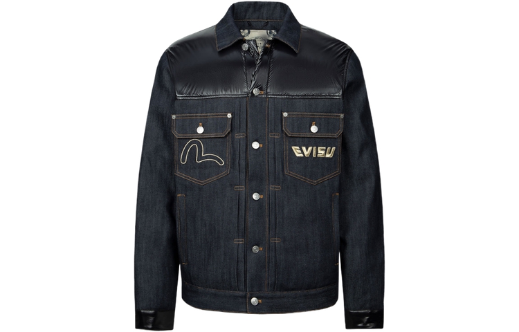 EVISU AW23  Patchwork Embroidered Denim Blue Puffer Jacket 2EAHTM3NJ7023XXCS