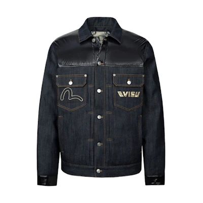 EVISU AW23 Patchwork Embroidered Denim Blue Puffer Jacket 2EAHTM3NJ7023XXCS