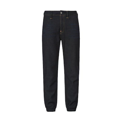 EVISU AW23 Tapered Denim Jeans with Logo Patchwork in Denim Blue. 2EAHTM3JO7901XXDN
