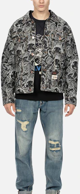 EVISU AW23 All-Over Buddha Seagull Denim Jacket Black 2EAHTM3DJ8068RXCT Details for EVISU AW23 All-Over Buddha Seagull Denim Jacket Black 2EAHTM3DJ8068RXCT