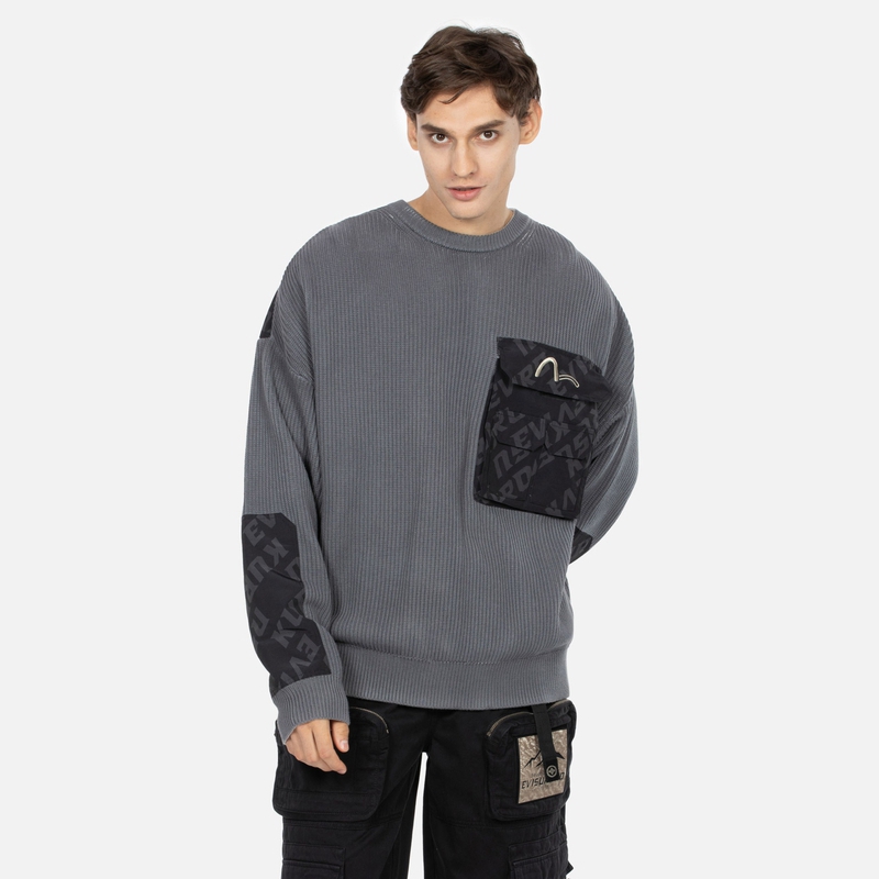 Shop EVISU AW23 全版印花針織衛衣 深灰色 時尚 2EAGNM3SR5166OSCT