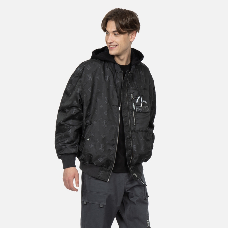 Shop EVISU AW23 Bomber Jacket Jacquard Hitam Motif All-Over 2EAGNM3JK5196LFPN