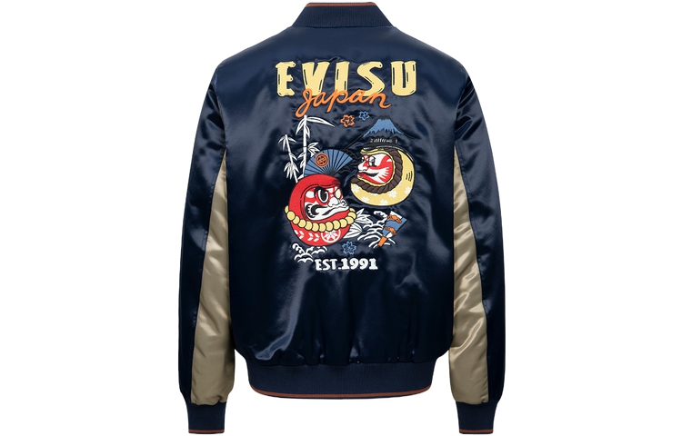 EVISU AW23 Black Blue Daruma Embroidered Satin Straight-Fit Jacket 2EAHTM3JK1018XXPQ