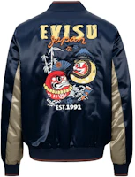 EVISU AW23 Black Blue Daruma Embroidered Satin Straight-Fit Jacket 2EAHTM3JK1018XXPQ EVISU AW23 Black Blue Daruma Embroidered Satin Straight-Fit Jacket 2EAHTM3JK1018XXPQ