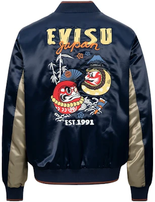 EVISU AW23 Black Blue Daruma Embroidered Satin Straight-Fit Jacket 2EAHTM3JK1018XXPQ Buy EVISU AW23 Black Blue Daruma Embroidered Satin Straight-Fit Jacket 2EAHTM3JK1018XXPQ