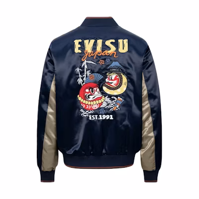 EVISU AW23 Black Blue Daruma Embroidered Satin Straight-Fit Jacket 2EAHTM3JK1018XXPQ