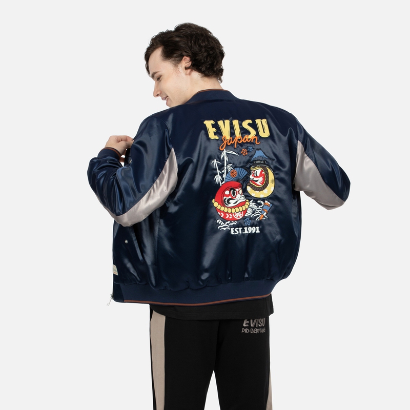 Shop EVISU AW23 Black Blue Daruma Embroidered Satin Straight-Fit Jacket 2EAHTM3JK1018XXPQ