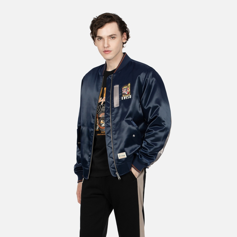 Purchase EVISU AW23 Black Blue Daruma Embroidered Satin Straight-Fit Jacket 2EAHTM3JK1018XXPQ