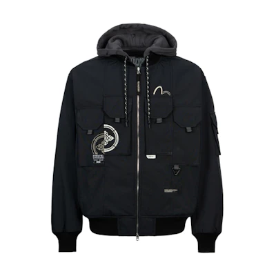 EVISU AW23 Black Hoodie Jacket with Seagull Embroidery 2EAGNM3JK5108LFPQ