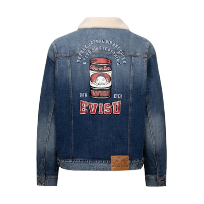 EVISU AW23 Buddha Head & Oil Can Print Loose Denim Jacket Denim Blue 2EAHTM3DJ8069LFSQ