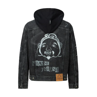 EVISU AW23 Graffiti Buddha Print Oversized Denim Hoodie Jacket Men Black 2EAHTM3DJ8063LFCS