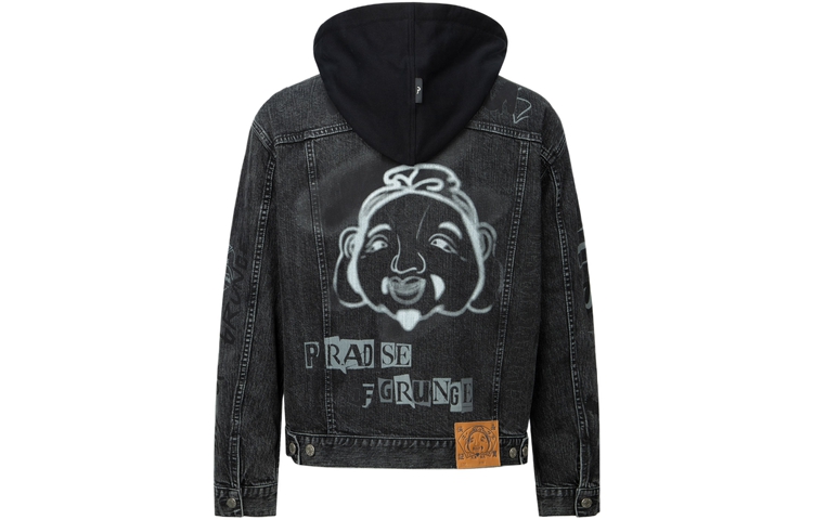 Order EVISU 2023秋季 涂鸦佛头印花宽松牛仔连帽夹克 男款 黑色 2EAHTM3DJ8063LFCS