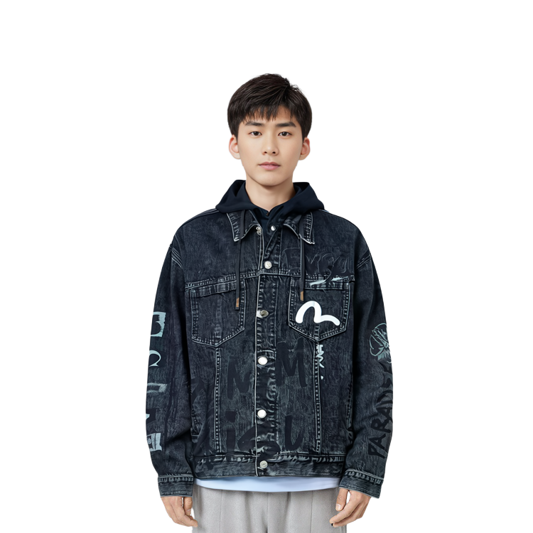 Sizing EVISU 2023秋季 涂鸦佛头印花宽松牛仔连帽夹克 男款 黑色 2EAHTM3DJ8063LFCS