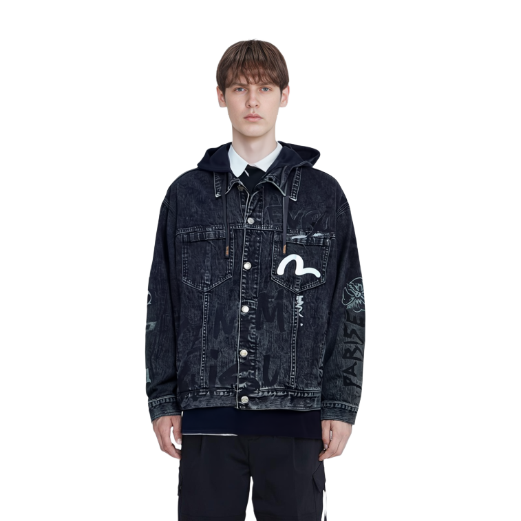 Cheap EVISU 2023秋季 涂鸦佛头印花宽松牛仔连帽夹克 男款 黑色 2EAHTM3DJ8063LFCS