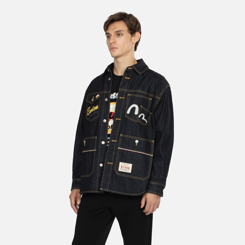 Shop エヴィス AW23 ヒノキフェスティバル グラフィックデニムシャツジャケット メンズ 青 2EAHTM3SJ1024XXDN