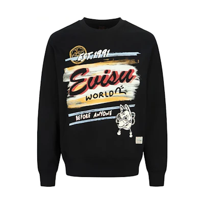 EVISU AW23 Inari Mask Handwriting Print Pullover Oversized Sweatshirt Black Men 2EAHTM3SW1078RXCT