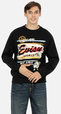 EVISU AW23 稻荷面具手寫印花黑色男款寬鬆大學T 2EAHTM3SW1078RXCT Shop EVISU AW23 稻荷面具手寫印花黑色男款寬鬆大學T 2EAHTM3SW1078RXCT