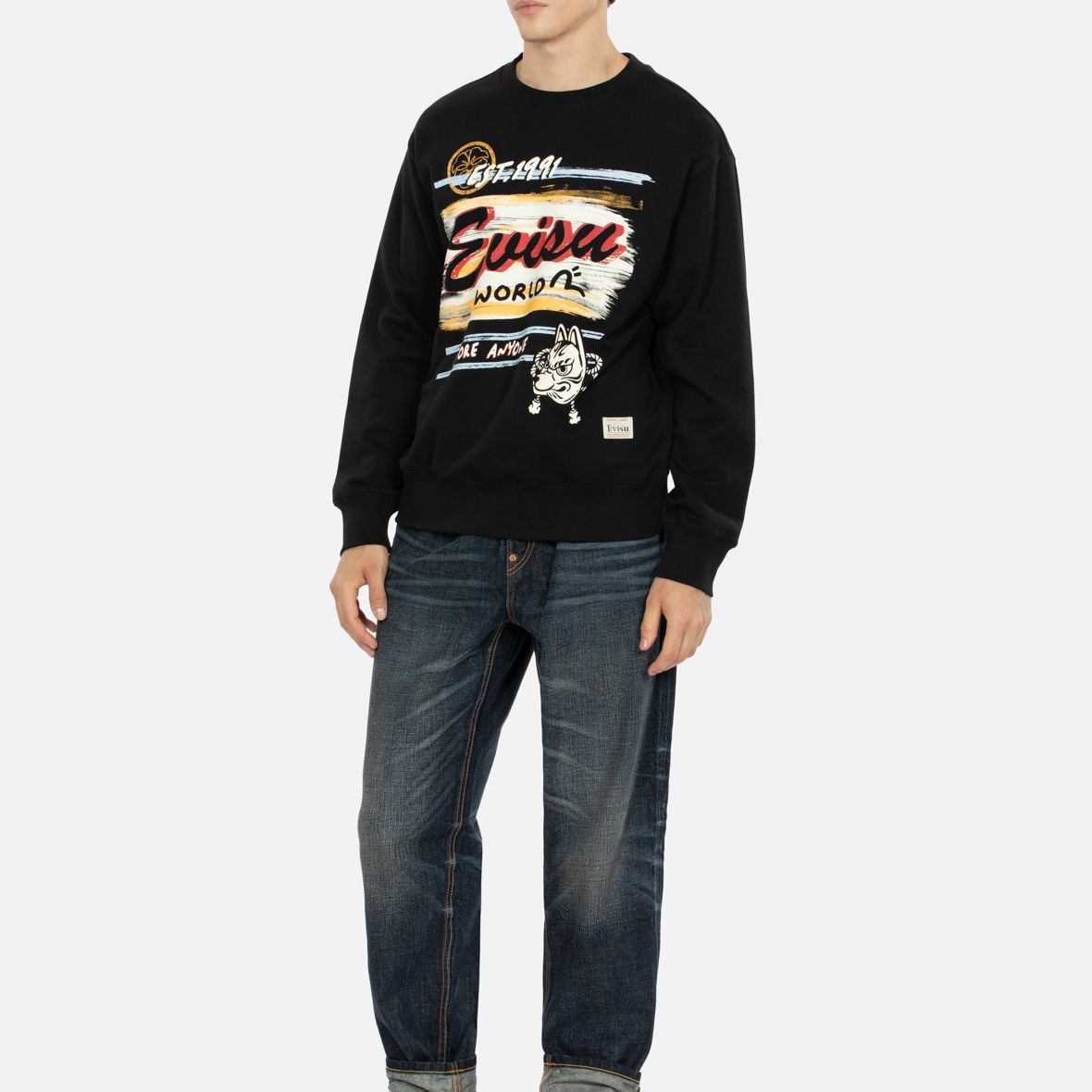 Cheap EVISU AW23 稻荷面具手寫印花黑色男款寬鬆大學T 2EAHTM3SW1078RXCT