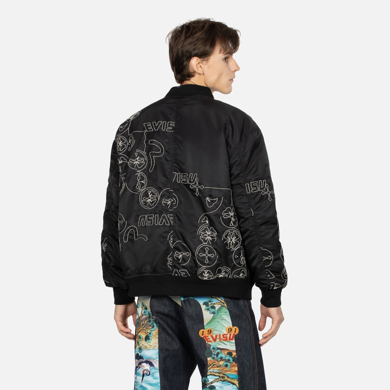 Shop EVISU AW23 Logo & Embroidered Loose Fit MA-1 Padded Jacket Black 2EAHTM3JK7015LFNQ