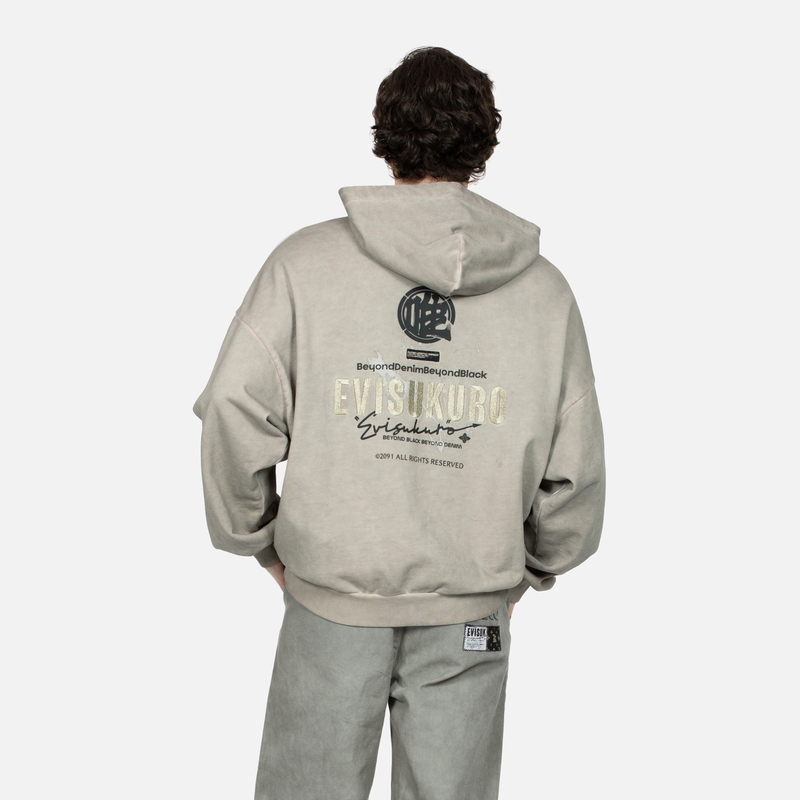 Shop EVISU AW23 Logo & Seagull Hoodie Oversized Unisex Coklat Muda Embroidery. 2EAGNM3SW5162OSCT