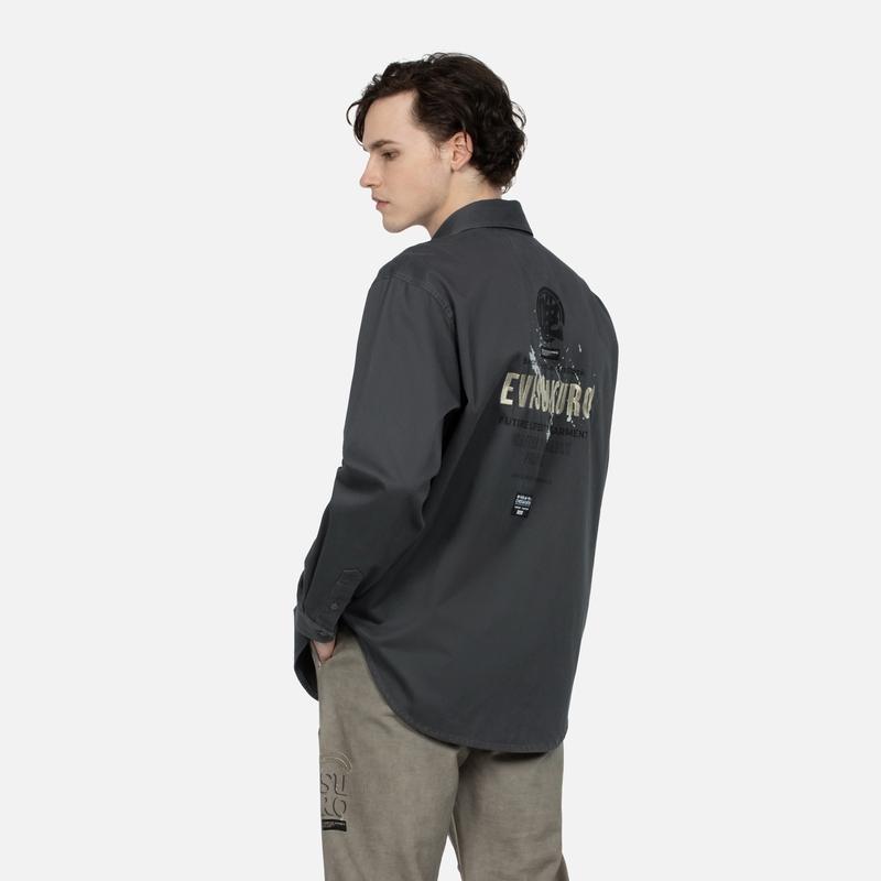 Shop Camisa de Trabajo Oversize EVISU AW23 Logo y Gaviota Bordada Hombre - Gris Oscuro 2EAGNM3SL5122OSCT