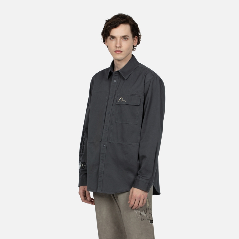 Purchase Camisa de Trabajo Oversize EVISU AW23 Logo y Gaviota Bordada Hombre - Gris Oscuro 2EAGNM3SL5122OSCT