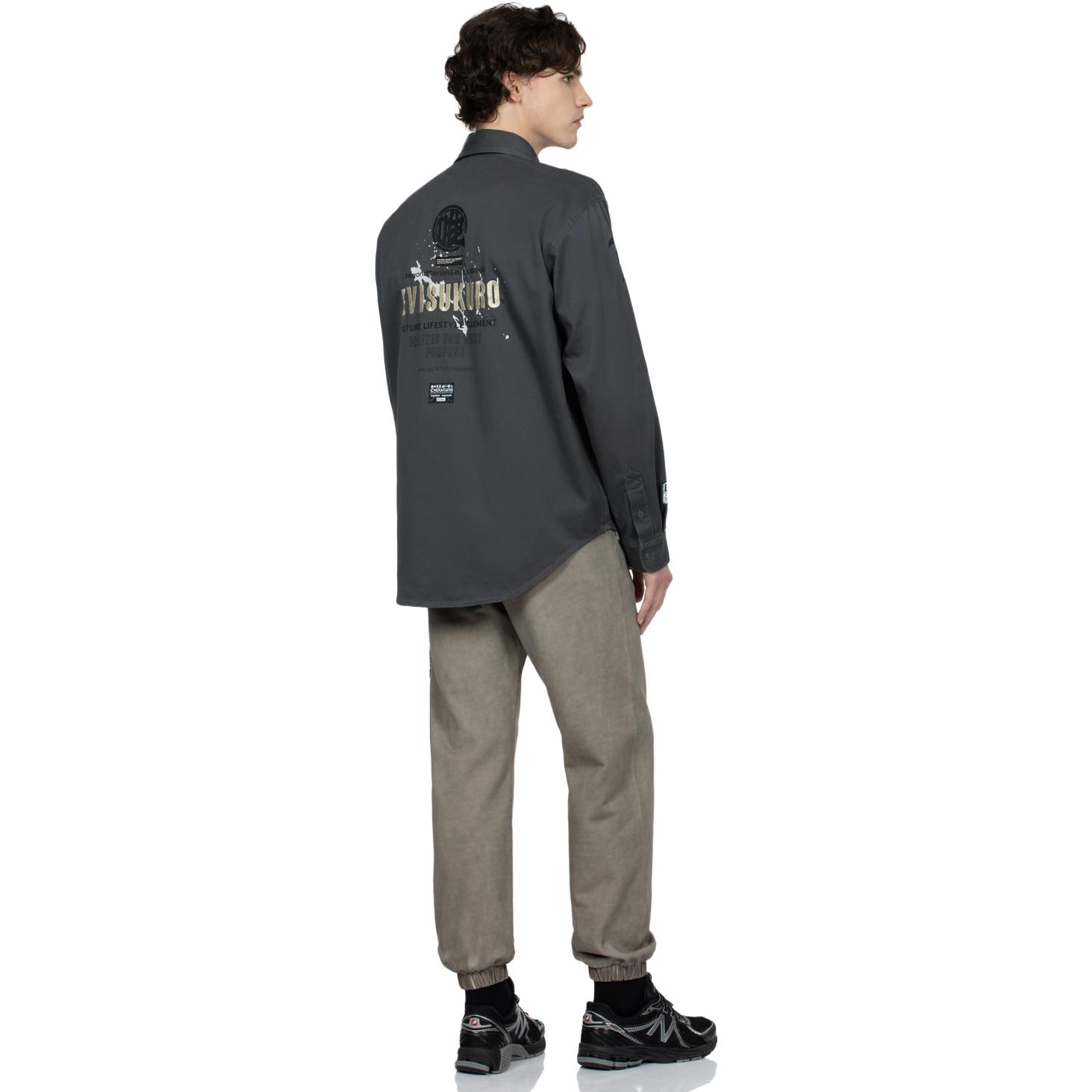 Sizing Camisa de Trabajo Oversize EVISU AW23 Logo y Gaviota Bordada Hombre - Gris Oscuro 2EAGNM3SL5122OSCT