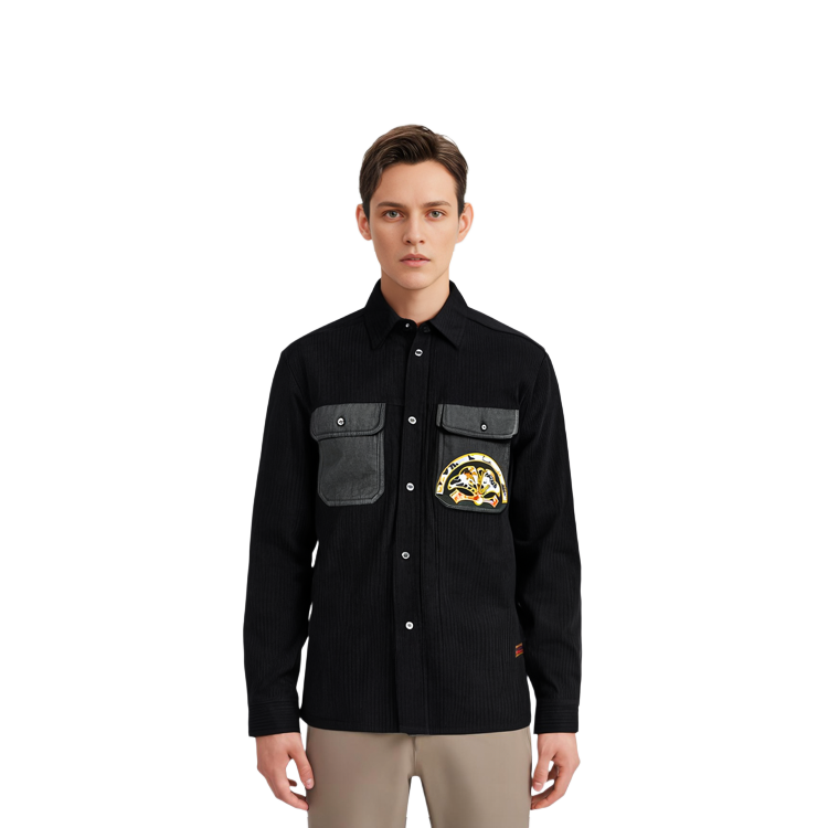 Sizing 에비수 AW23 단풍잎 프린트 워크 셔츠 블랙 릴렉스드 핏 2EAHTM3SL7034RXPL