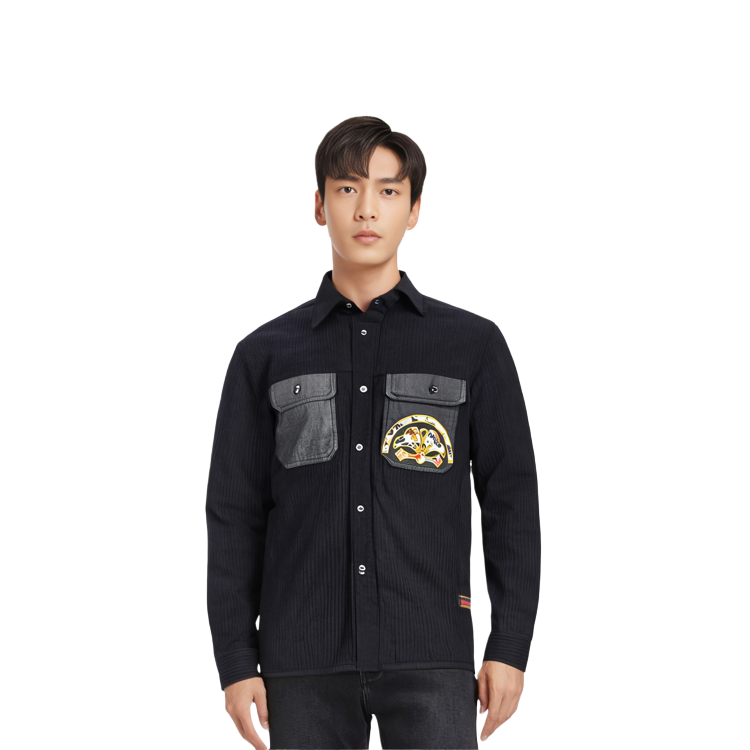 Cheap 에비수 AW23 단풍잎 프린트 워크 셔츠 블랙 릴렉스드 핏 2EAHTM3SL7034RXPL