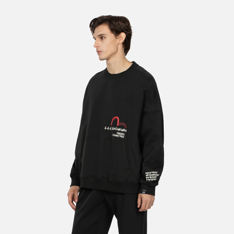 EVISU AW23 Oversized Pullover Crewneck Sweatshirt Men Black with PU Letter Print 2EAGNM3SW5229OSFL 圖 5