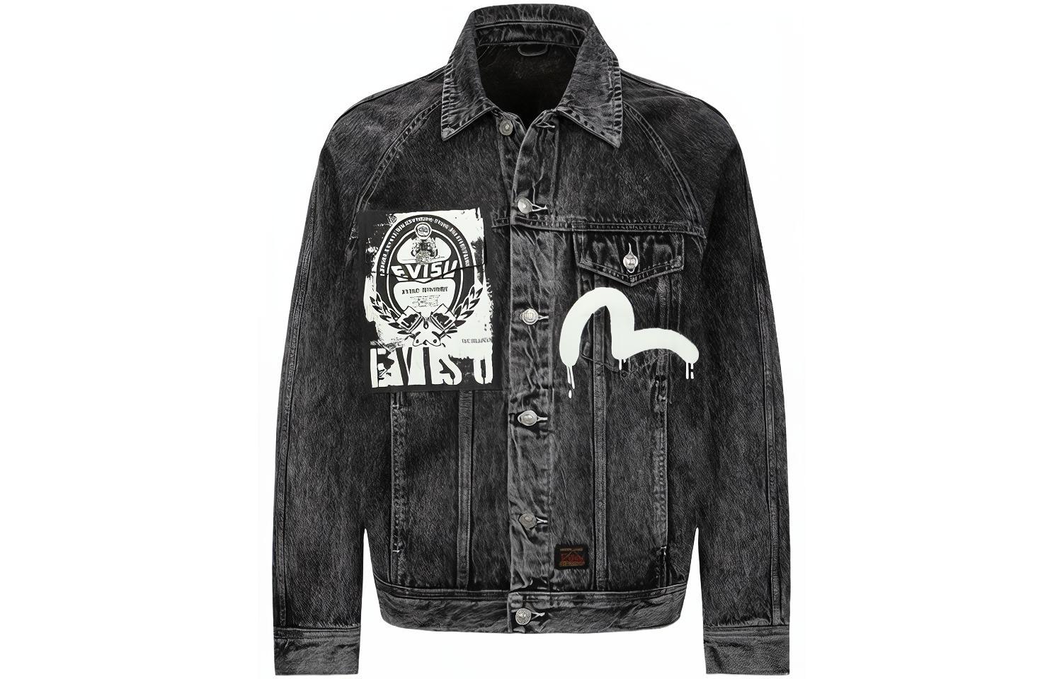 EVISU AW23 Poster Graphic & Seagull Print Oversized Denim Jacket Men Black 2EAHTM3DJ8064LFCS