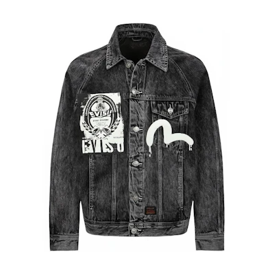 EVISU AW23 Poster Graphic & Seagull Print Oversized Denim Jacket Men Black 2EAHTM3DJ8064LFCS