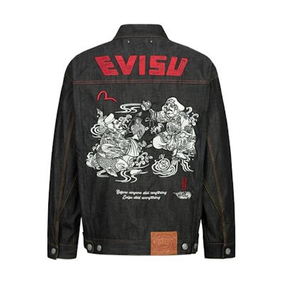 EVISU AW23 Seagull Logo Embroidered Loose Fit Denim Jacket Black . 2EAHTM3DJ7001LFCS