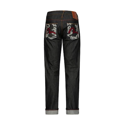 EVISU AW23 Slim Fit Black Jeans with Embroidered Seagull Design for Men. 2EAHTM3JE703910CS